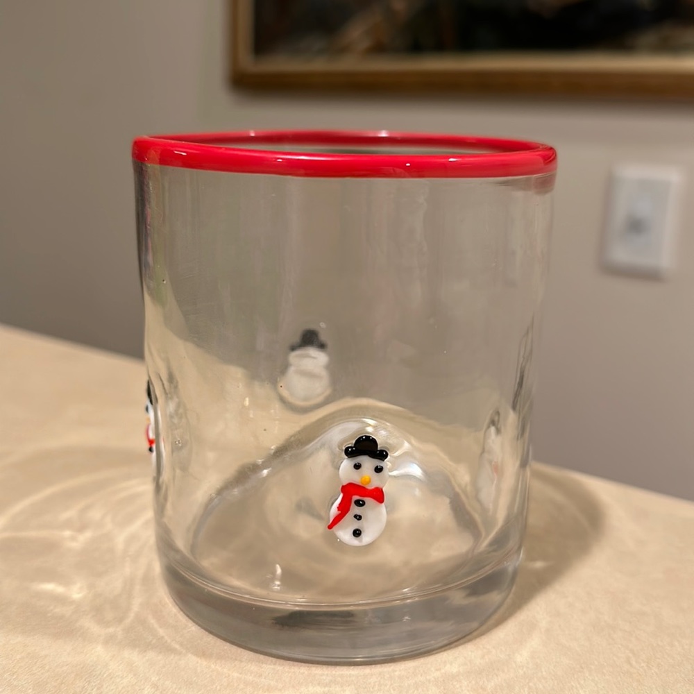 ☃️ Snowman Glass Tumbler Red Rim 3D Christmas Holiday Drinkware